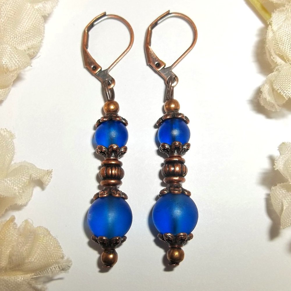 Earrings Boho Style Cobalt Blue Beach Glass and Copper Drop Dangle Jewelry 8263